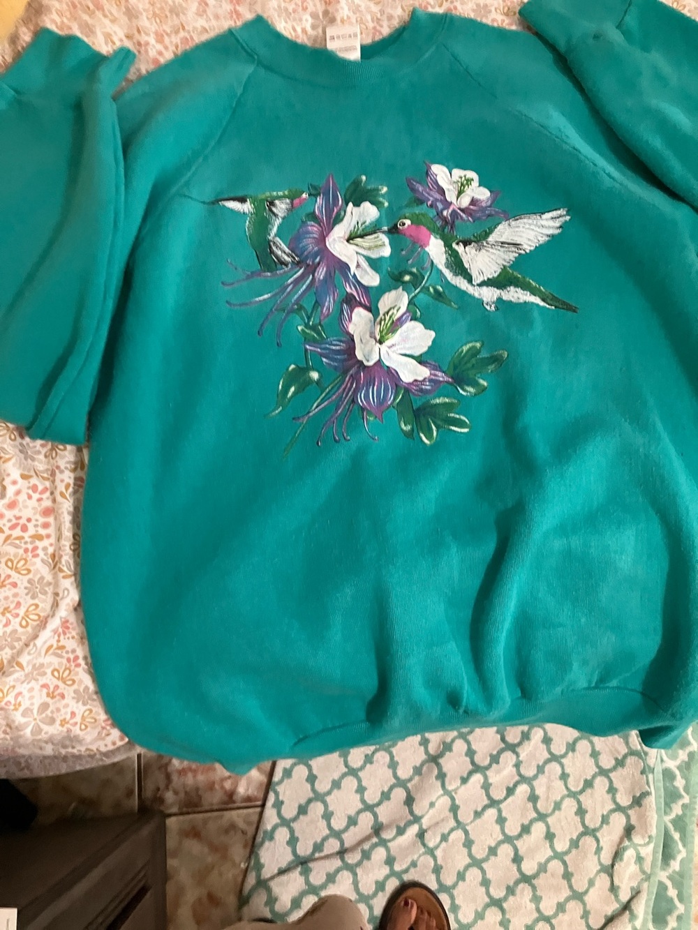 Kids Teal Sweatshirt with Hummingbird Floral Print